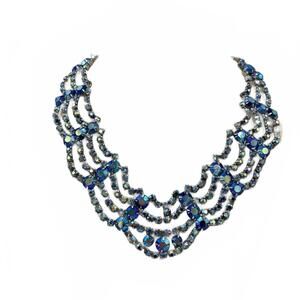 Vintage Blue Aurora Borealis Rhinestone Traditional Jeweled Necklace
